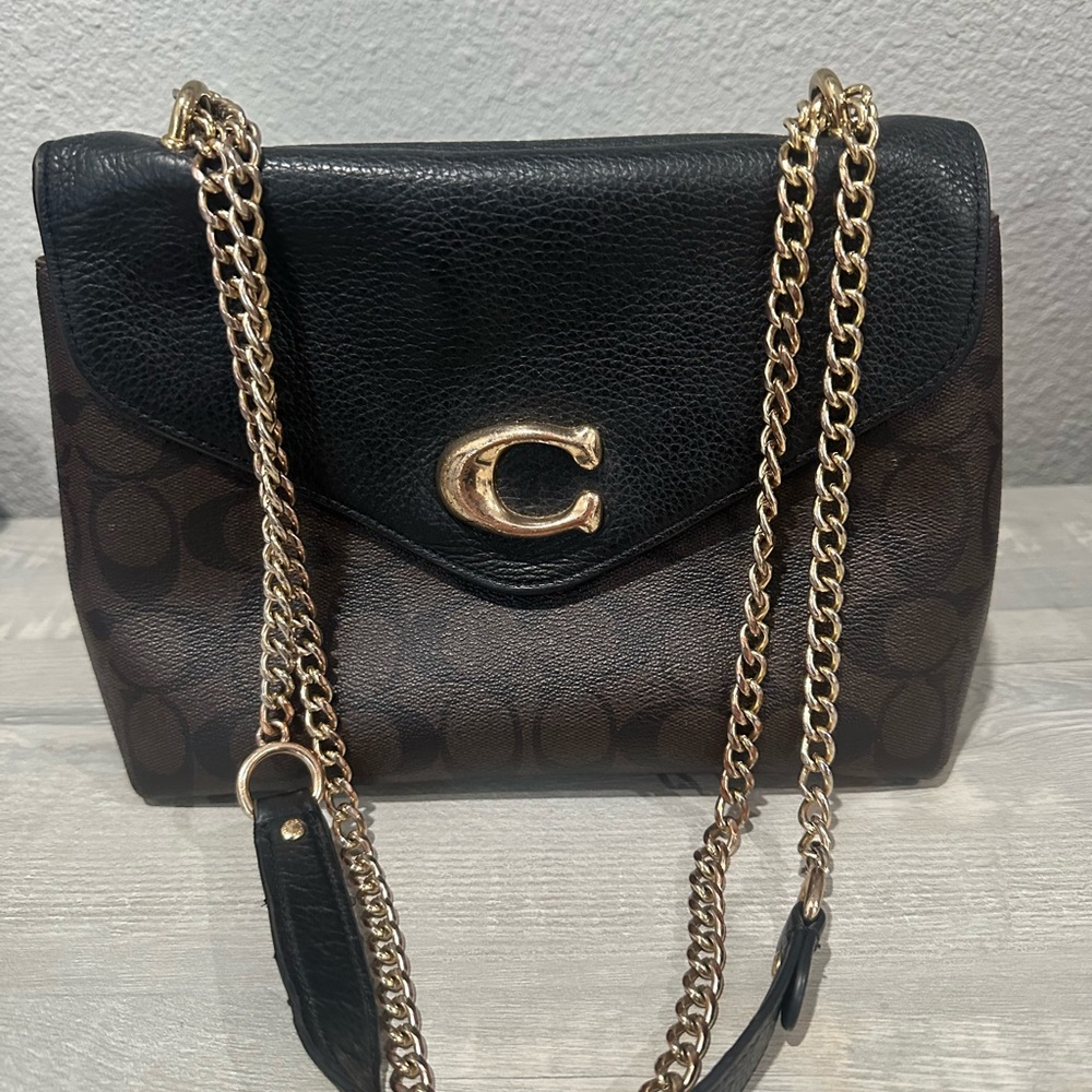 Coach Black and Brown Crossbody Bag with Gold Chain